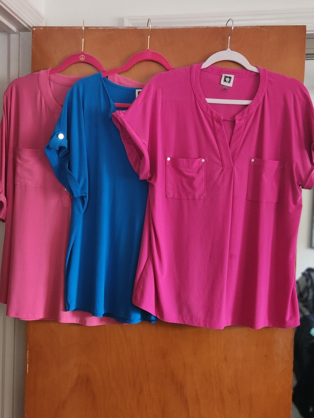 Anne Klein Dual-Pocket Roll-Tab Blouse - Hot Pink